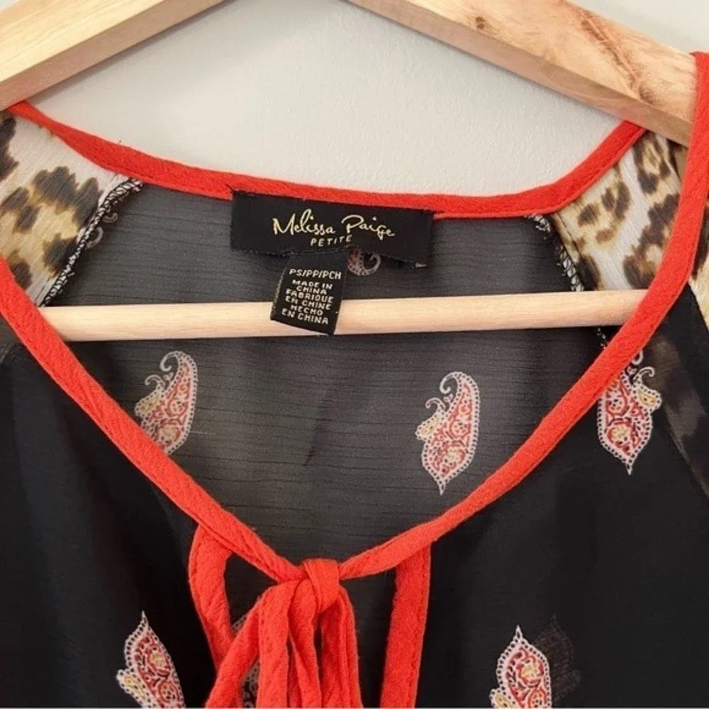 Melissa Paige Sheer Top Tie Neck Pom Pom Sleeve Sz Small Petite - Picture 2 of 8